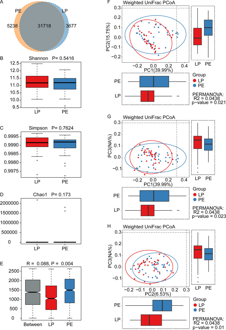 Diversity of gut microbiota in healthy late-pregnant women (LP, n=39) and preeclamptic patients (PE, n=34). (A) 31718 OTUs were shared between these two groups. The LP group had the unique OTUs with 3677, while the PE group had 5238. The indexes of Shannon (B), Simpson (C), and Chao1 (D) were adopted to evaluate alpha diversity (meaning the gut microbial richness and evenness) between the LP group and the PE group, and were obtained by Wilcoxon Rank Sum Test. All these three indexes did not show any statistically significant differences, whose P-values were 0.5416 for Shannon, 0.7624 for Simpson, and 0.173 for Chao1. (E) Analysis of similarity (ANOSIM) indicated the differences between the LP group and the PE group (p=0.004) were significantly greater than the differences within the groups, and our grouping was meaningful. (F-H) The beta diversity between the LP group and the PE group was analyzed by the Weighted UniFrac principal component analysis, and significant differences were observed between PC1 and PC2 (p=0.021) (F), between PC1 and PC3 (p=0.023) (G), and between PC2 and PC3 (p=0.01) (H).
