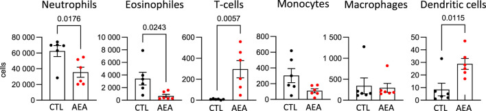 AEA increases T-cell number in AirPouch exudates in response to zymosan. Analysis of cellular infiltrate in murine AirPouch exudates after control (CTL) or AEA nanoformulation (AEA) pre-treatment (1 h) followed by zymosan stimulation (6 h) in mice. Each data point represents an animal showing the total number of cells recovered by FACS analysis. Mann-Whitney test. n = 4–8. *p < 0.05.