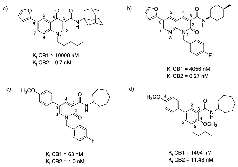 The (hetero)aromatic compounds which exhibit the highest affinity for CB2 receptors based on (a) oxoquinoline, (b) 1,8-naphthyridin-2(1H)-dione, (c) 2-pyridinone and (d) biphenyl structures.