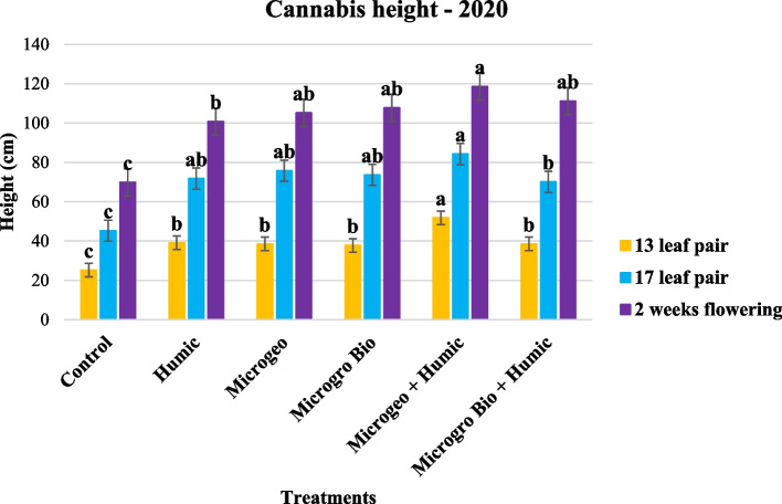 Cannabis height readings collected in 2020 at three growing stages (13, 17, and 2 weeks post flowering). Mean within a column followed the same letter by the same growth stage is not significantly different at the 0.05 probability level