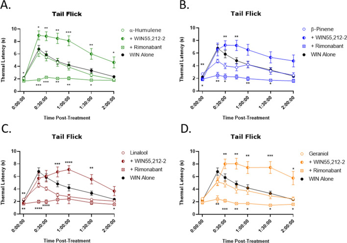 Terpenes Induce CB1 Dependent and Cannabinoid Additive Antinociception in the Tail Flick Assay. Mice were treated with 200 mg/kg terpene alone, combined with 5.6 mg/kg WIN55,212-2, or after pretreatment with 10 mg/kg rimonabant, all injected i.p.. Mice were then assessed in the tail flick test over 2 h. (A) α-Humulene, (B) β-Pinene, (C) Linalool and (D) Geraniol. Data represents the mean ± SEM of tail flick latency (n = 10–14/group). Statistics analyzed via RM two-way ANOVA, Dunnett’s post hoc; *p < 0.05, **p < 0.01, ***p < 0.001, ****p < 0.0001, compared to terpene alone at same time point. The animal response to 5.6 mg/kg WIN55,212-2 (“WIN Alone”) from Fig. S1 is included in each graph for reference.