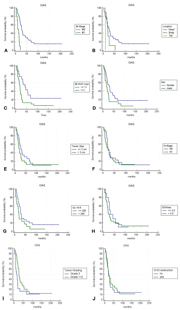 (A–J) Kaplan-Meier survival curves for different variables; p-value <0.05 is only fulfilled for (A–C).