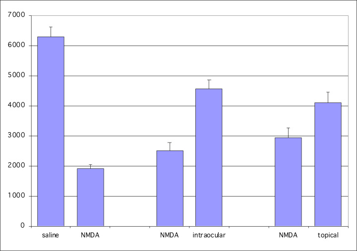 A comparison of the effects of WIN55,212-2 applied as a topical to the cornea (topical), injected intraocular (intraocular) and without WIN55,212-2 as a control (saline)The ordinate reflects mean cell number, and error bars are for the SEM.