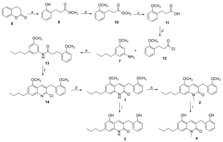 Reagents and conditions: (a) conc. H2SO4, dry MeOH, reflux, overnight; (b) CH3I, NaH, DMF, rt, overnight; (c) LiOH, EtOH/H2O (3:1), rt, 3 h; (d) SOCl2, toluene, reflux, 3 h; (e) Et3N, CH2Cl2, rt, overnight; (f) DMF, POCl3, 80 °C, overnight; (g) HCl 6 N, reflux, overnight; (h) NaH, CH3I, DMF, rt, overnight; (i) BBr3, DCM, rt, overnight.