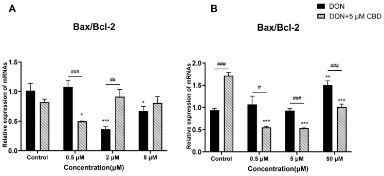 Effects of CBD on DON-induced Bax/Bcl-2 expression ratio in growing and differentiated IPEC-J2 cells. (A) Relative mRNA expression of Bax/Bcl-2 ratio in growing IPEC-J2 cells treated with DON (0.5, 2, and 8 μM) alone or pre-treated with 5 μM CBD. (B) Relative mRNA expression of Bax/Bcl-2 ratio in differentiated IPEC-J2 cells treated with DON (0.5, 5, and 50 μM) alone or pre-treated with 5 μM CBD. Data are presented as mean ± SEM (n = 3). Statistical significance: * p < 0.05, ** p < 0.01, *** p < 0.001 compared to the control in the same treatment; # p < 0.05, ## p < 0.01, ### p < 0.001 between different treatments at the same DON concentration.