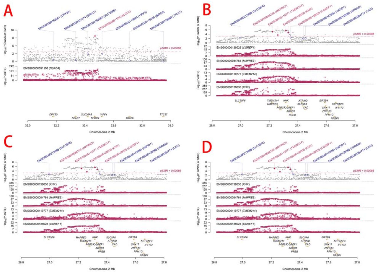 SMR locus plot illustrating dorsopathies at the gene locus utilizing blood eQTL data. In the upper plot, each gray dot represents a SNP identified through GWAS on dorsopathies. A red diamond indicates passage of the SMR test for the probe, while a solid diamond signifies successful completion of both the SMR and HEIDI tests. In the lower plot, each red cross represents an SNP identified in the eQTL study corresponding to each gene. The x-axis displays the genomic positions (Mb, GRCh37) of SNPs, probes, and genes on the chromosome. The y-axis displays the negative logarithm (base 10) of p-values for SNPs identified in the GWAS on dorsopathies, SMR test, and eQTL study corresponding to each gene.