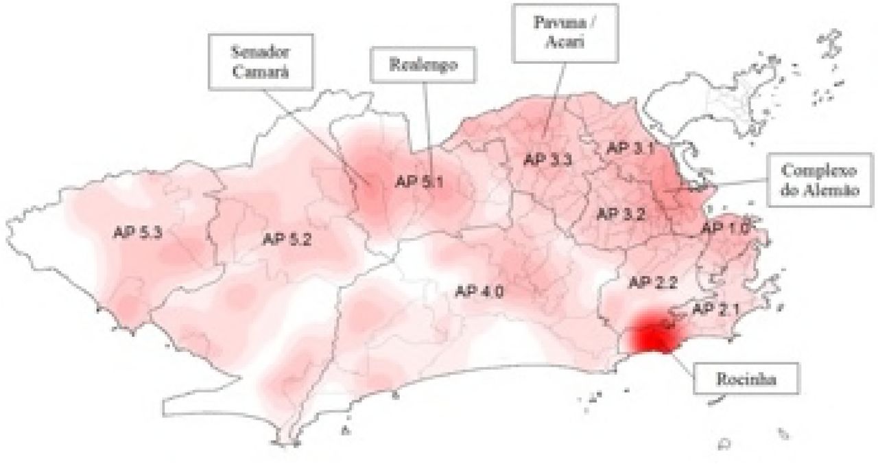 Kernel ratio among new cases of tuberculosis and population. Municipality of Rio de Janeiro (RJ), Brazil, from 2012 to 2014.Source: Cartographic data: IPP, Epidemiological data: SINAN-TB. Projection GCS. Datum WGS84