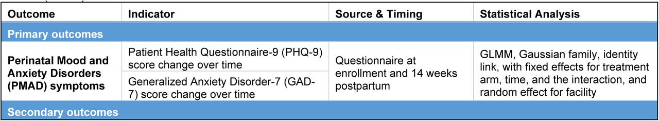 Summary of Clinical Outcomes and Analytical Approaches for Integrated Perinatal Mental Health (IPMH)