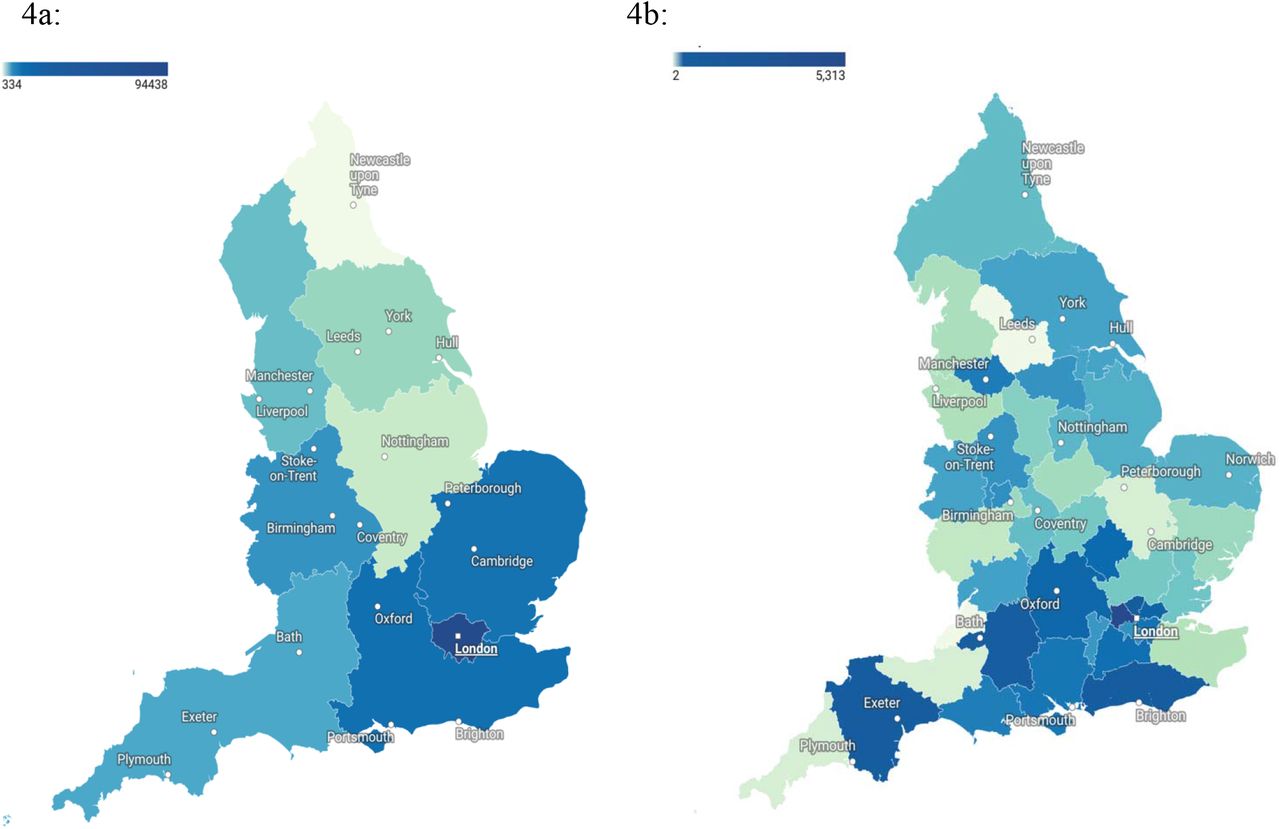 Geographical variation of the absolute number of controlled opioid items dispensed by private prescribers in England, created using declies in Datawrapper. 4a represents the total number of items across the nine regions of England between 1 January 2014 and 30 November 2021. 4b shows the number of items dispensed in each the Sustainability and Transformation Plans (STP) region for the latest data period of 1 January to 30 November 2021. The number of items dispensed from unidentified doctors is not included in these maps.