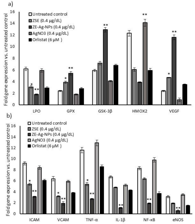 Effect of the vehicle control, ZSE, AgNO3, and ZS-Ag-NPs treated adipocytes condition media supplemented HUVECs on oxidative stress and antioxidant (a), vascular cell inflammation, and angiogenesis (b) related gene expression levels after 48 h. Each value is a mean ± SD (n = 6). * significant at p ≤ 0.05 and ** highly significant at p ≤ 0.001, by comparison with the vehicle control.