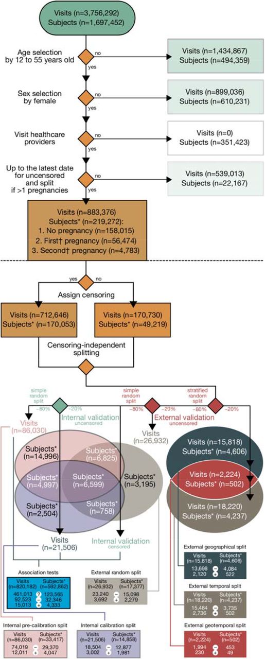 Subject selection by applying a retrospective design and data partitioning for internal and external validations.The set for association tests included censored outcomes. n, sample size; *, subject per pregnancy episode; **, the first and second pregnancies of a subject within the database period, not a parity; (?) censoring; (–) nonevents; and (+) events.
