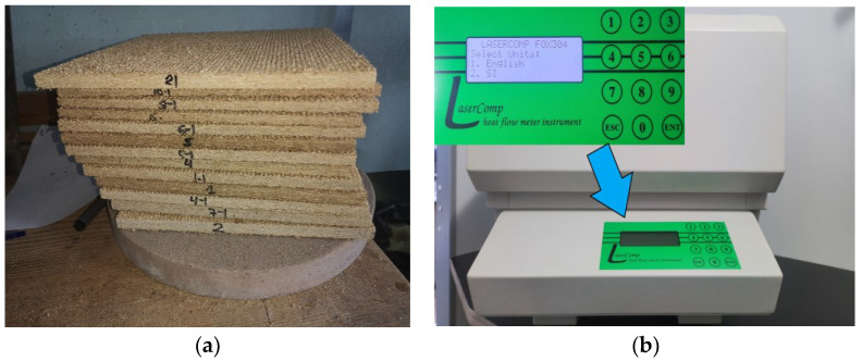 Thermal conductivity studies: (a) preparation of specimens; (b) determination of the thermal conductivity coefficient of the specimens in the FOX 304 device.