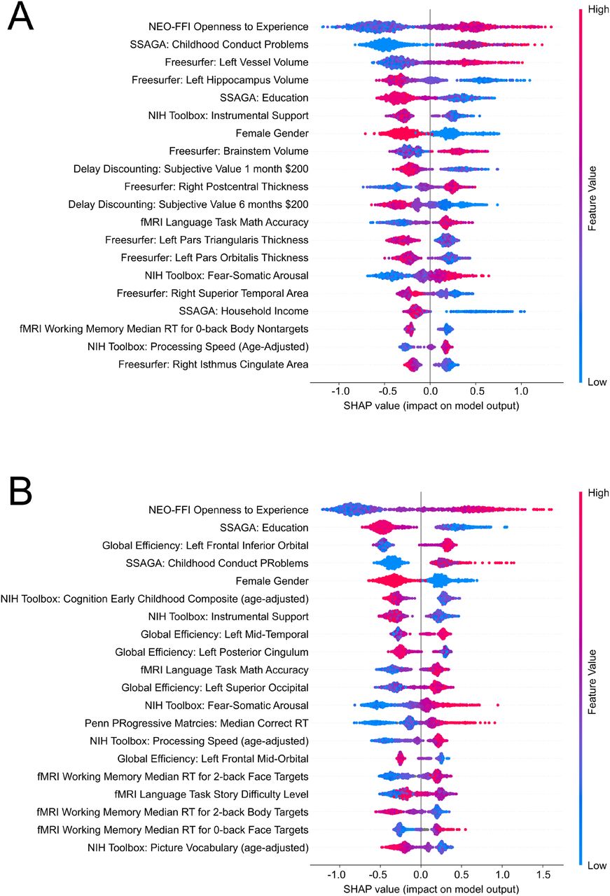 SHAP ranking for factors contributing to the two bimodal models (A: phenotypic+Freesurfer, B: phenotypic+global efficiency) classifying cannabis dependence. Factors are ranked in order of the average (absolute) SHAP value, which indicates the importance of a factor. Individual data points (dots) represent the model output for each individual in the sample. The position of a dot on the x-axis represents the impact of the observed factor on the model output for the individual. More positive SHAP values on the x-axis indicate that the observed factor pushed the classification closer towards cannabis dependence, whereas more negative SHAP values indicate that the factor pushed the classification away from cannabis dependence. The color of the individual dots represent the value of the observed measurements, with blue indicating lower and red higher values (e.g. red indicates high openness or high education level in these plots). As an example, in both plots high (red dots) observed “Openness to Experience” and low (blue dots) education levels pushed the model prediction closer towards cannabis dependence. That is, high “Openness to Experience” and lower education levels make it more likely that the model would categorize a given individual as cannabis-dependent relative to not dependent.