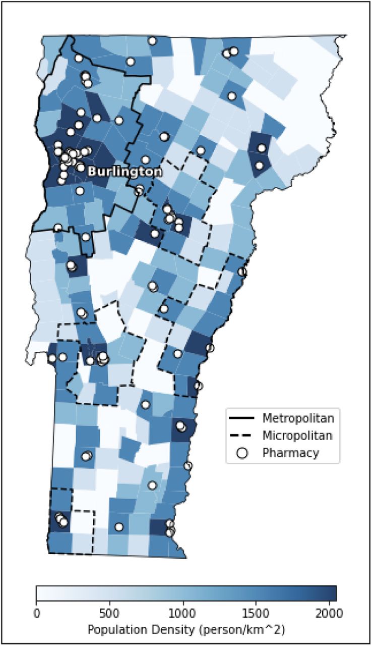 Vermont Study Area with population density across all towns (n = 255) and in-state pharmacy locations (n = 117). Metropolitan and micropolitan towns are outlined.