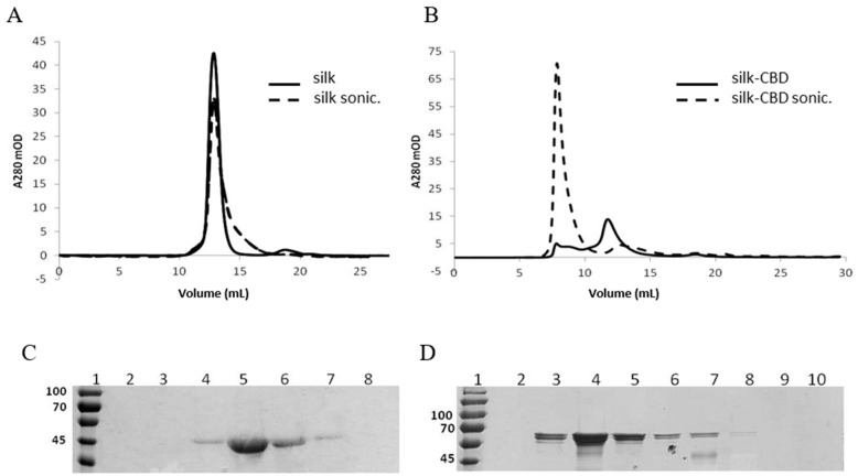 Gel filtration and DLS of silk and silk-CBD samples before and after sonication (sonic.). Representative gel of silk (A); and silk-CBD (B) protein samples before (solid line) and after sonication (dashed line); SDS PAGE analysis of gel filtration fractions of sonicated silk (C); and silk-CBD (D) samples.