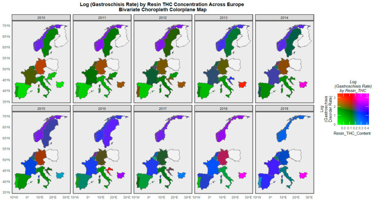 Bivariate colorplaner sequential map-graph of gastroschisis by cannabis resin THC concentration across selected European nations for each year of 2010–2019.