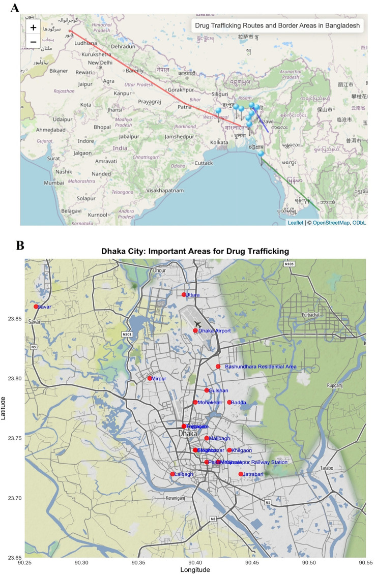 (A) Drug trafficking routes and border areas in Bangladesh. Red colored lines indicate the route of Pakistan-Lahore-Wagah-Patna-Bangladesh. Blue colored lines indicate the route of India-Mizoram-Meghalaya-Bangladesh. Green colored lines indicate the route of Myanmar -Teknaf-Bangladesh. Blue pins indicate entry points into Bangladesh. (B) Important areas for drug trafficking in Dhaka City (indicated by red dots). Map data © OpenStreetMap contributors, licensed under the Open Database License (ODbL) and Leaflet (BSD 2-Clause License). See https://www.openstreetmap.org/copyright and https://github.com/Leaflet/Leaflet/blob/main/LICENSE for details.