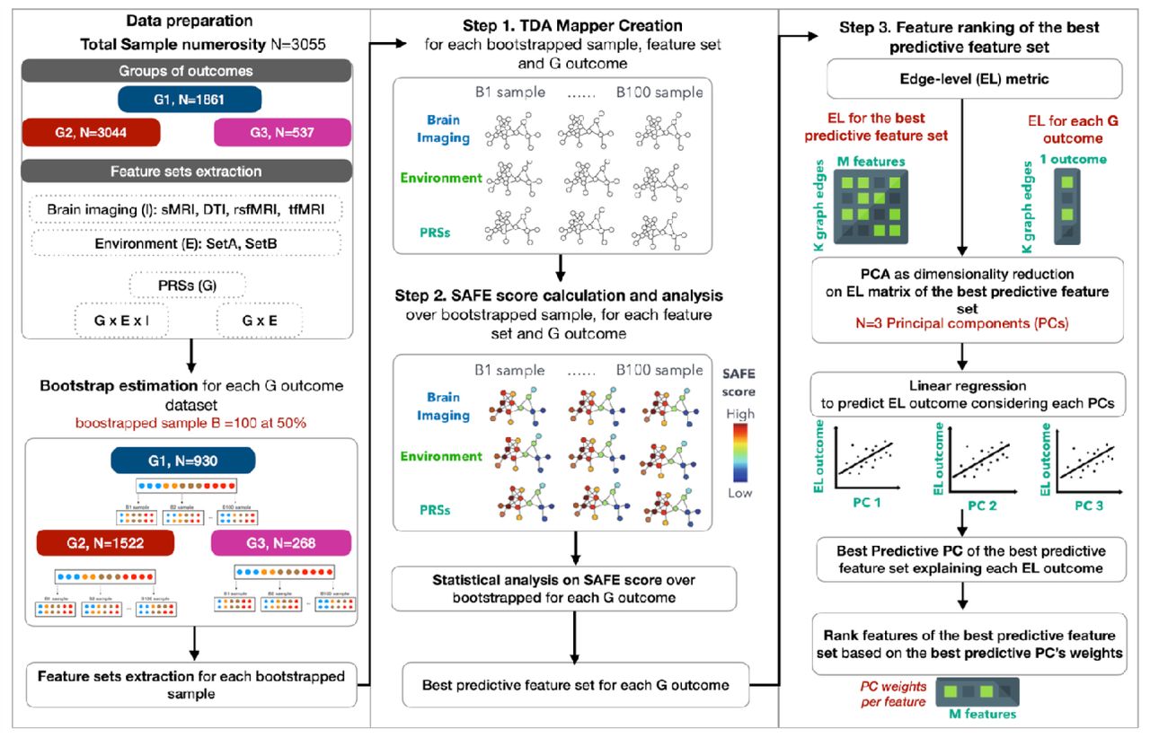 Data analysis framework. The steps include (from the left to the right panel): Data preparation, comprising division of the MDD individuals in three groups of health-related outcomes and feature sets extraction; Bootstrapped samples estimation, subdividing the feature set of each outcome’s group into 100 bootstrapped samples; Feature sets extraction for the 100 bootstrapped samples of each outcome’s group; TDA Mapper application (step 1, Methods), creating 100 graphs for the 100 bootstrapped samples for the feature set of each outcome’s group; SAFE score estimation and statistical analysis (step 2, Methods) to extract the best predictive feature set for each outcome’s group; Feature ranking (step 3, Methods) comprising: the estimation of the EL metric, PCA application to the EL metric of the best predictive feature set, linear regression model application for the prediction of outcome’s EL metric to identify the best predictive PC, and ranking of the best predictive features based on the best predictive PC’s weights.
