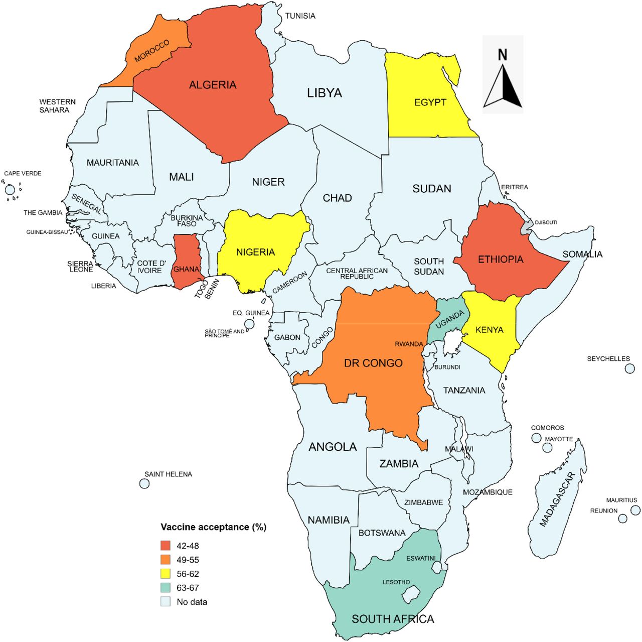 Map of the pooled vaccine acceptance rate by country, Africa, 1970-2024 (See Additional File 2, Supplementary Fig. 2)