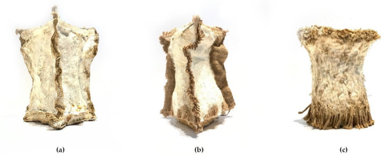 Results of grown on different skin materials: (a) hemp sheets, (b) jute sheets, (c) knitted hemp rope.