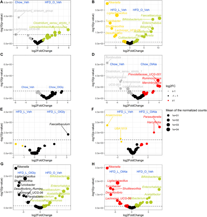 Treatment with HDF-O OlGly and OlAla shows limited microbiota changes with chow diet while it displays increased contrasts with HFD-L.A positive log2 fold-change (FC) indicates a stimulation of the genus under the olive oil diet (HDF-O) (in green) while a negative log2 fold-change indicates a decrease of the genera compared to the chow (in gray) (A), as determined by Deseq2 analysis. Additional paired comparisons have been assessed as following: HFD-L-Veh vs. HFD-O (B), Chow-Veh vs. Chow-OlGly (C), Chow-Veh vs. Chow-OlAla (D), HFD-L-Veh vs. HFD-L-OlGly (E), HFD-L-Veh vs. HFD-L-OlAla (F), HFD-L-OlGly vs. HFD-O (G), and HFD-L-OlAla vs. HFD-O (H). Statistical differences were determined using Wald Tests. The log transformed adjusted p-value is displayed on the y-axis and the α = 0.05 significance level is indicated by a dashed line.