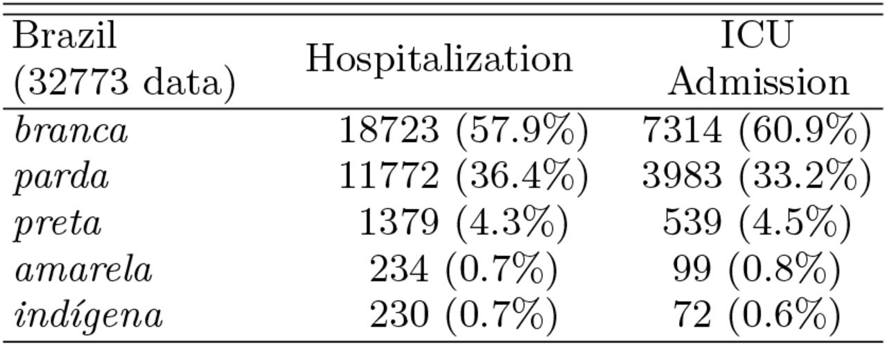 Ethnic composition of 32,338 patients hospitalized and then admitted to ICU according to the 2019 SIVEP-Gripe dataset.