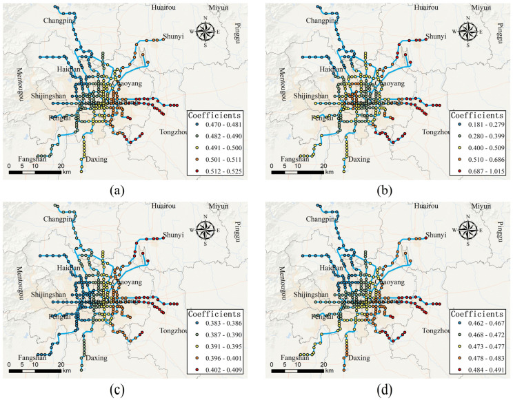 Spatially varying effects of hotels-residences POI density. (a) Effect of hotels-residences POI density on access-daily use on weekdays; (b) effect of hotels-residences POI density on egress-daily use on weekdays; (c) effect of hotels-residences POI density on access-daily use on weekends; (d) effect of hotels-residences POI density on egress-daily use on weekends.