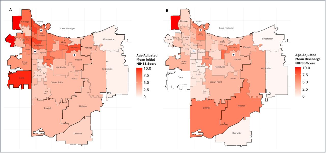 Heatmaps of Mean Stroke Scale Scores by ZIP Code, Age-Adjusted.A) Heatmap of age-adjusted mean Initial NIHSS (National Institute of Health Stroke Scale) scores; data collected upon patient admission. B) Heatmap of age-adjusted mean Discharge NIHSS scores; data collected upon patient release. Annotated with municipalities and markers indicating location of stroke centers.