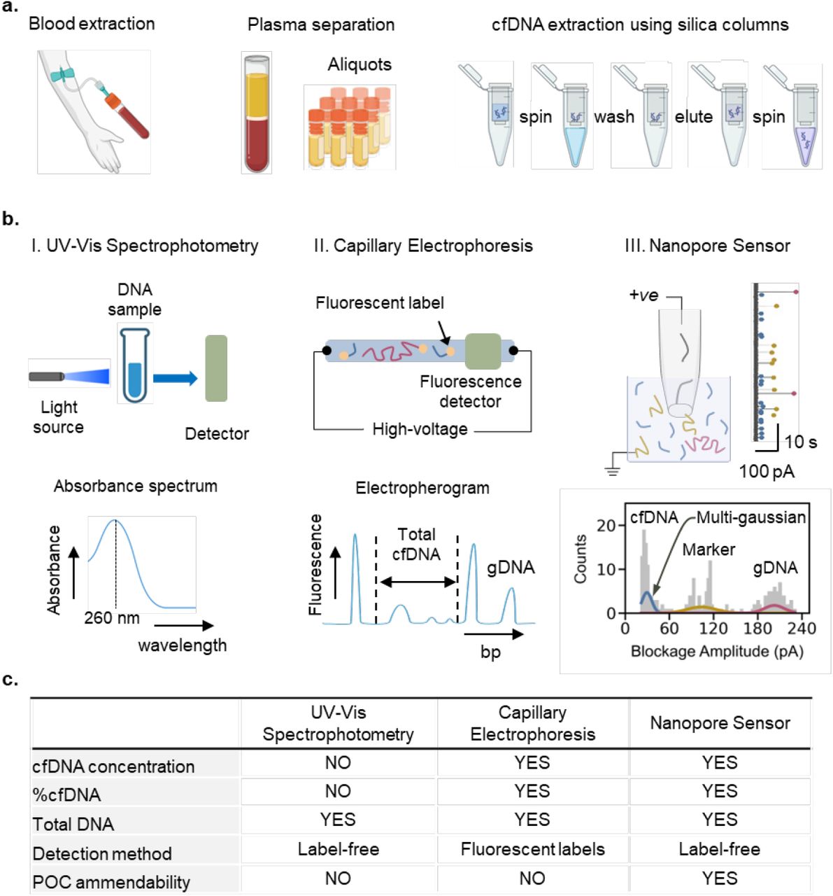 Scheme for cfDNA sample quality control using conventional strategies and proposed nanopore sensing: (a) Blood collection for plasma separation by double centrifugation with aliquots preparation followed by cfDNA extraction using silica-based membrane columns according to manufacturer’s protocol before subjecting to quality control procedures. (b) Conventional cfDNA quality control procedures include I. UV-vis spectrophotometric absorbance at 260 nm which only provides total DNA concentration, and II. Capillary Electrophoresis which can provide total DNA quantity, total cfDNA quantity and %cfDNA but requires fluorescent labels, detector and high voltage operation. However, our proposed label free glass nanopore sensor scheme performs quantification of extracted total cfDNA as well as %cfDNA from the complex DNA samples containing 1 kbp DNA marker. This is accomplished by processing ionic current - time data for single molecule analysis of the complex DNA sample using blockage amplitude distribution and multi-gaussian fitting to extract individual frequencies fT, fM, and fgDNA of the component cfDNA, marker and HMW gDNA fragments. The frequencies are then used for the estimation of total cfDNA concentration and the determination of %cfDNA. (c) A multi-parametric comparison of different quality control techniques.