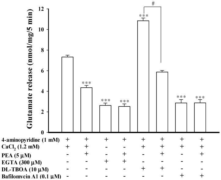 PEA-mediated inhibition of 4-aminopyridine-evoked glutamate release is due to a decrease in vesicular exocytosis. Bar graph showing glutamate release evoked by 1 mM 4-aminopyridine in the absence (control) or presence of 5 μM PEA, 300 μM EGTA (without CaCl2), 300 μM EGTA (without CaCl2) and 5 μM PEA; 10 μM dl-TBOA, 10 μM dl-TBOA and 5 μM PEA, 10 μM dl-TBOA and 5 μM PEA; 0.1 μM bafilomycin A1; or 0.1 μM bafilomycin A1 and 5 μM PEA. EGTA, dl-TBOA, or bafilomycin A1 were added 20 min before depolarization, while PEA was added 10 min before depolarization. Results are mean ± SEM of 5 independent experiments. *** p < 0.001 versus control group. # p < 0.05 versus the dl-TBOA-treated group.