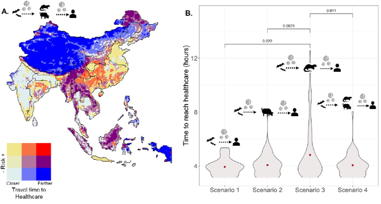 Bivariate maps crossing emergent risk scores from hotspot data on risk quantiles and access to healthcare.A. Black lines divide the limits for the 19 clusters identified by the multivariate spatial cluster analysis; Scenario four is represented in the map. B. Time to reach healthcare in areas where high emergent risk co-occurred far from healthcare for each of the four scenarios. Average values in red, p-value for differences is shown.