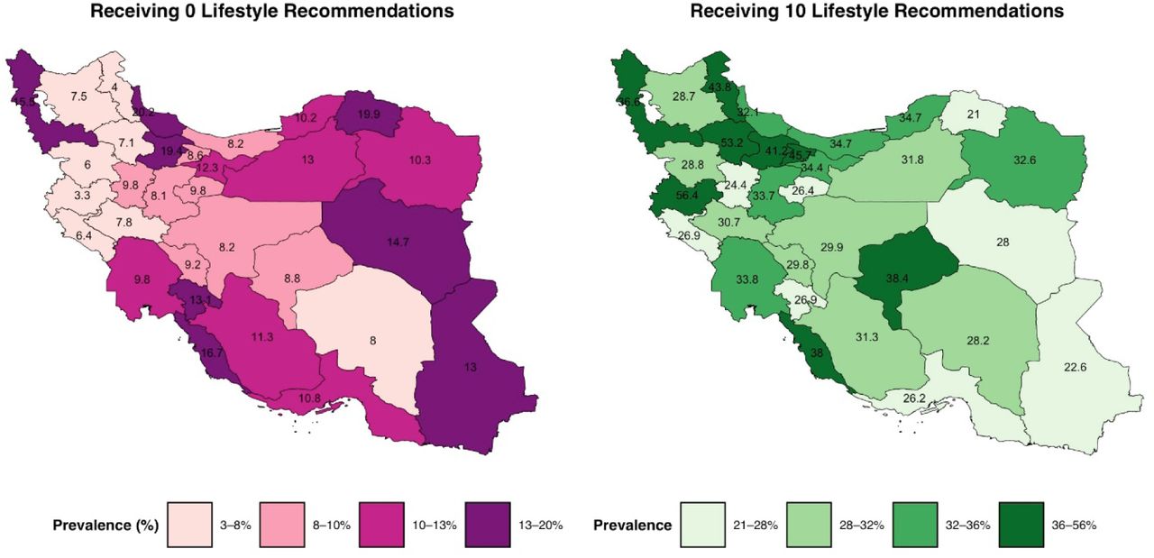 Weighted prevalence of individuals who received all ten recommendations and those who received none by province.