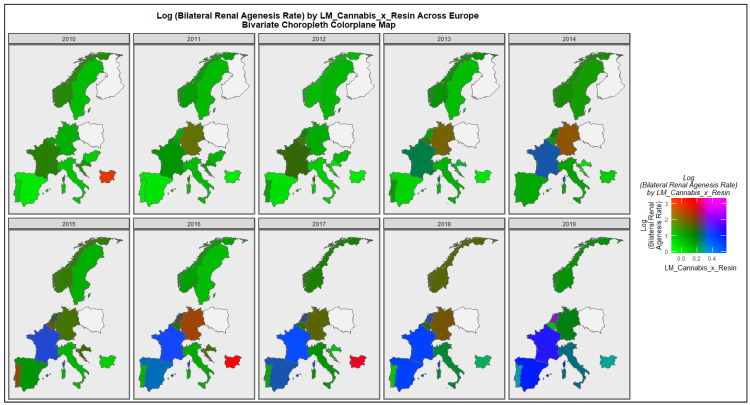 Colorplane bivariate time sequential map-graph of log (bilateral renal agenesis congenital anomaly rate) by last month cannabis use: cannabis resin THC concentration across surveyed European nations over time.