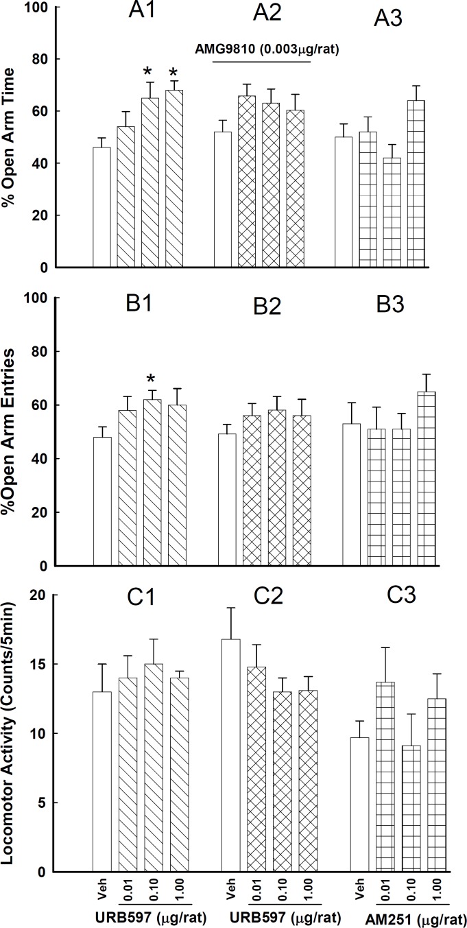 Effects of intra-CA1 injections of URB 597 alone (A1, B1, C1) or in the presence of AMG 9810 (A2, B2, C2) and the effects of AM 251 on anxiety-like behaviors (A3, B3, C3).
