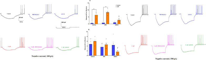 The effect of CB1R agonist/antagonist on the rebound of action potential at A -100pA and B -500 pA. n = 6 cells/group; one cell from each rat. The data are expressed as mean ± SEM. ***(P < 0.001) represents the significant difference with the same group with Vehicle (DMSO). #(P < 0.05) represents the significant difference versus 3-AP