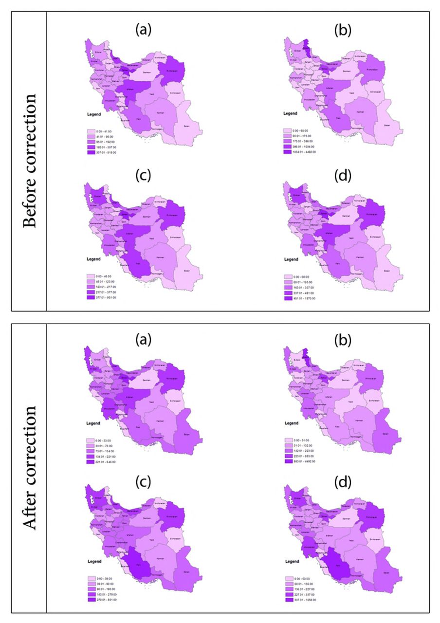 Distribution of Colorectal cancer incidence in Iran before and after misclassification error correction since 2005 to 2009.(a) 2005, (b) 2006, (c) 2007, (d) 2008.