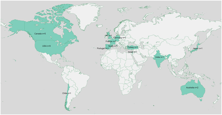 Geographical distribution of reported pediatric cases of intoxication-induced coma: USA (n= 9), Canada (n=5), Australia (n=2), and one case each from Chile, UK, France, Germany, Spain, Portugal, Turkey, Israel, India, and Japan.