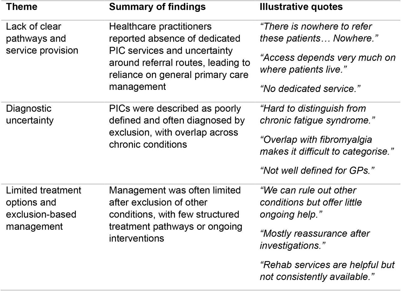 Thematic analysis of healthcare practitioners’ free-text responses on PIC management.