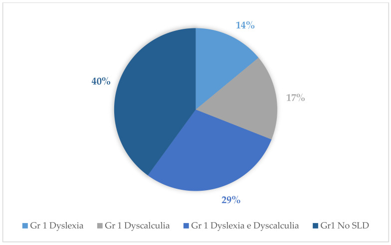 Percentages of SLD (specific learning disabilities) in group 1.