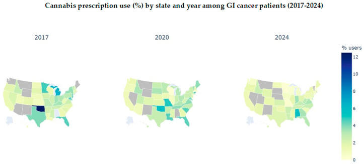 Cannabis prescription use (%) by state and year among GI cancer patients (2017–2024). The map shows overall cannabis use among GI cancer patients declining. Gray color shows numbers below 11 that are suppressed due to COSMOS regulation.