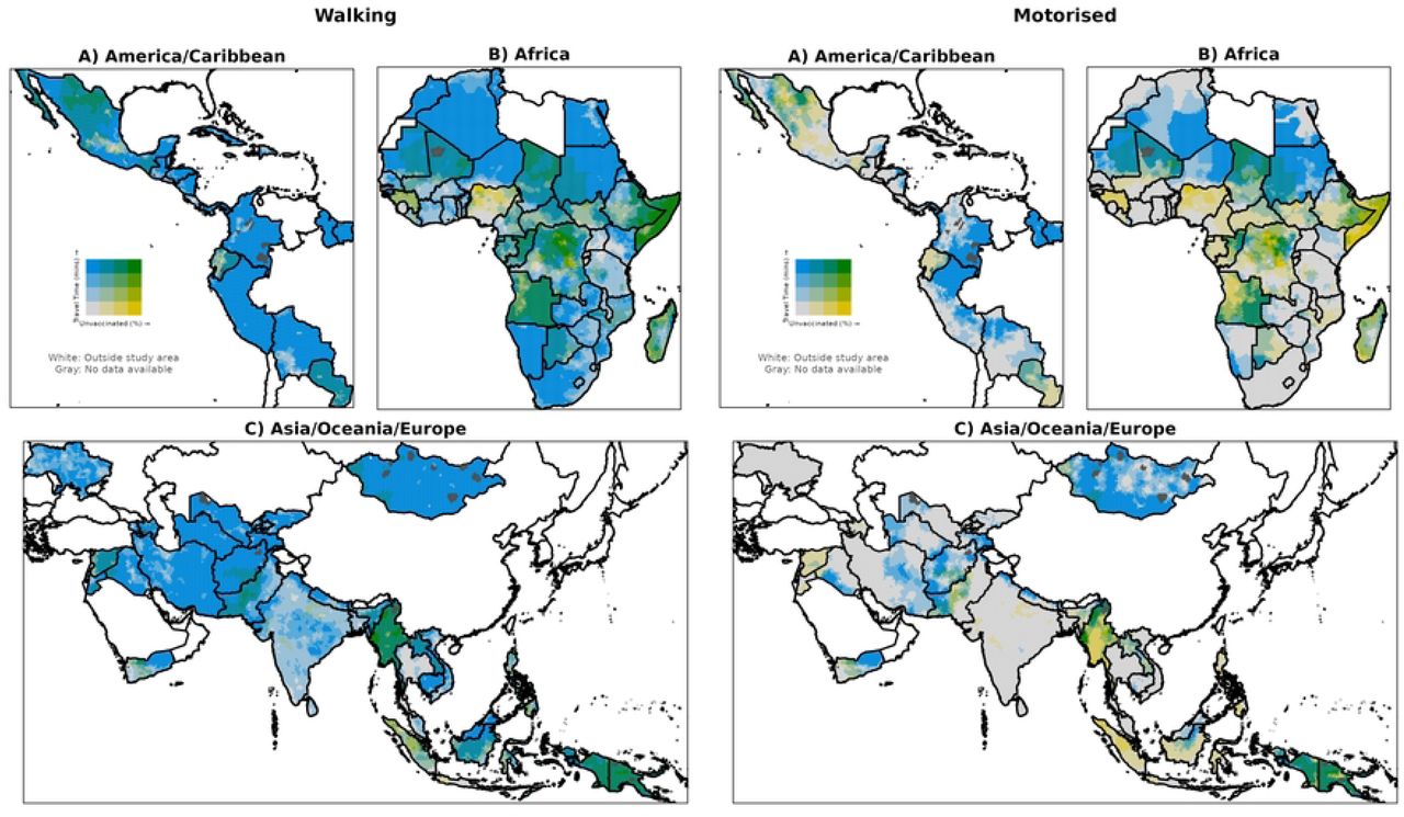 Bivariate map, showing high/low areas of the percentage of children under the age of one unvaccinated for DTP1 in 2021 and the mean travel-time for each district for A. Latin America/Caribbean, B. Africa, and C. Asia/Europe/Oceania. High/low categories are defined using break points of 60, 120, 180 and >180 mins travel time and 20, 40, 60 and >60% unvaccinated (DTP1). These are presented for the motorised (left panel) and walking (right panel) scenarios. Data are visualized using mean values of hexagonal bins of 50 km. National boundaries: GADM v 4.1 (Retrieved from https://gadm.org).