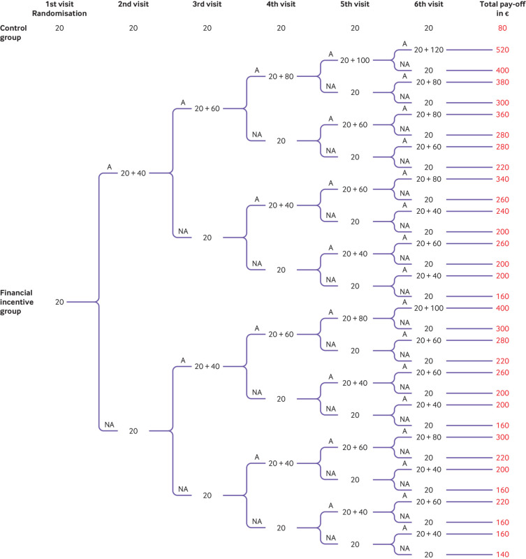 Pay-off tree showing what participants could earn according to group assignment and smoking abstinence status under the assumption that they completed six visits. At the first visit, participants were randomised to either the financial incentives group or the control group if they agreed to take part in the study. All participants received a €20 (£17; $23) voucher at the end of the randomisation visit. A=abstinent; NA=not abstinent