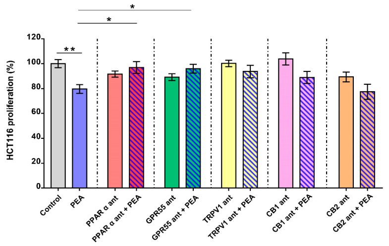 Palmitoylethanolamide’s pharmacological mechanism of action. Antiproliferative effect of the submaximal concentration of ultramicronized palmitoylethanolamide (PEA, 10 μM, 24 h) evaluated in the presence of GW6471 (3 μM, PPARα antagonist, red column); ML181 (10 μM, GPR55 antagonist, green column); 5′-iodoresiniferatoxin (0.1 μM, TRPV1 antagonist, yellow column); AM251 (1 μM, CB1 antagonist, pink column) and AM630 (1 μM, CB2 antagonist, orange column). All results are expressed as percentage of cell proliferation (n = 4 independent experiments) and as means ± SEM; ** p < 0.01 vs. control; * p < 0.05 vs. PEA as assessed by one-way ANOVA followed by Tukey multiple comparisons test.