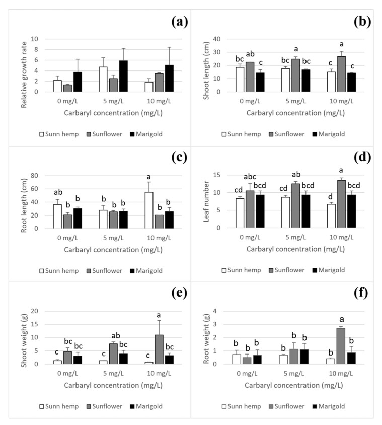 Effect of carbaryl on plant physiology after 4 days of cultivation for carbaryl treatments at 0, 5 and 10 mg L−1; relative growth rate (a), shoot length (b), root length (c), leaf number (d), shoot weight (e), and root weight (f). Note: a, b, c, and d indicate significant differences based on ANOVA and Tukey’s HSD test. The data shown are mean and SD.