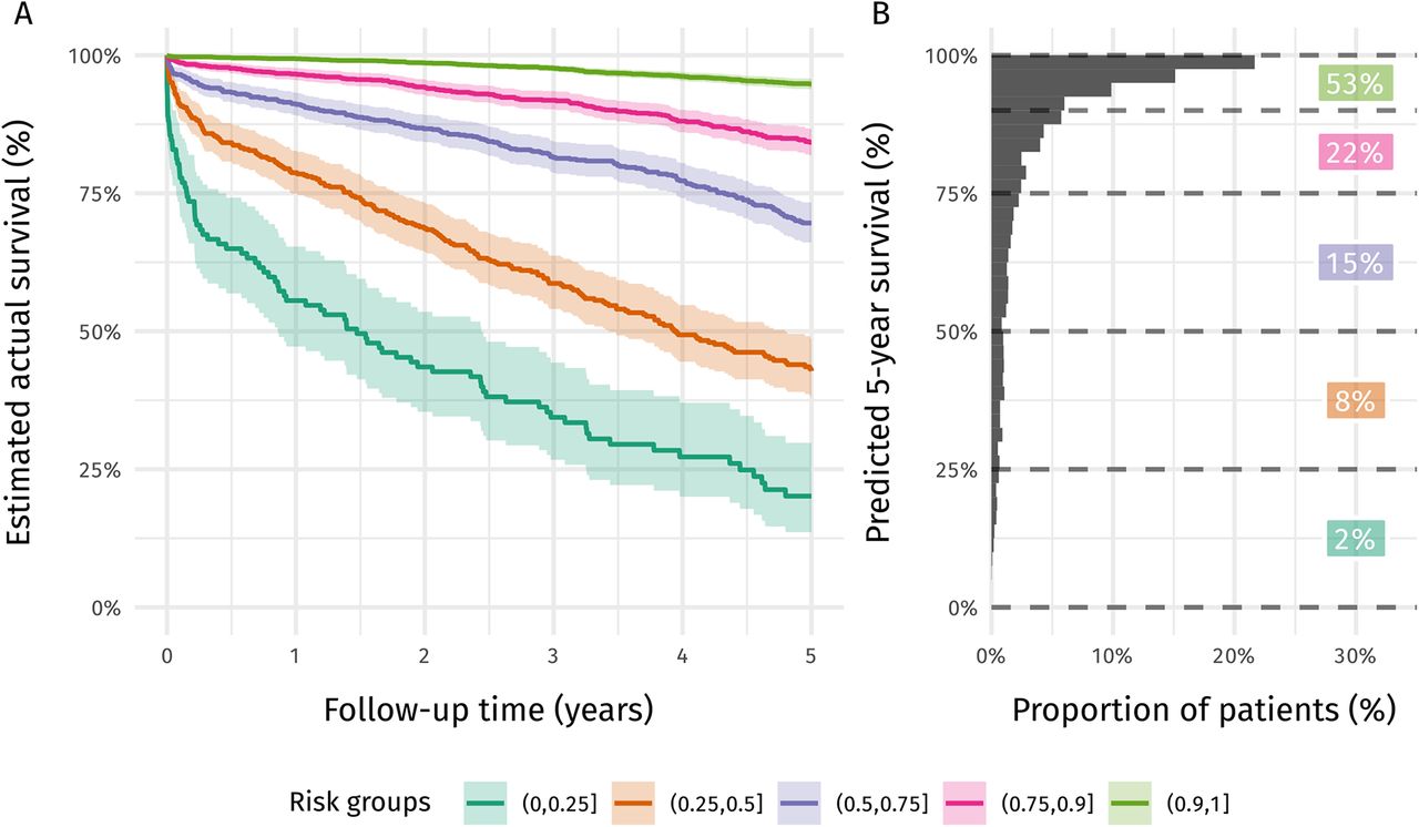 Observed survival across 5-year predicted risk groups.A) Estimated actual survival (Kaplan-Meier estimates) for patients in the test set manually stratified into five different risk-groups depending on the predicted survival at five-years by PMHnet. B) Distribution of PMHnet 5-year predicted risk. Vertical lines show the cut-offs that are used to define the risk strata used in A).