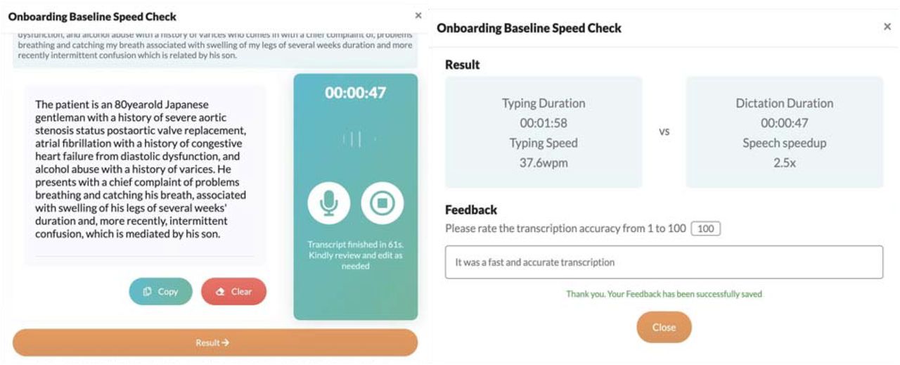 Onboarding interface and steps, lower left: dictation screen, lower right: result screen