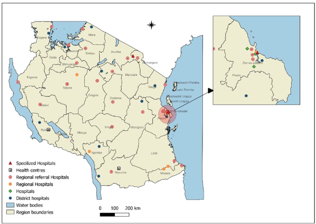 Distribution of SLMTA accredited laboratories by regions (2010-2023) in Tanzania Mainland.The map shows 26 Tanzania mainland administrative regions. Map were created using QGIS desktop 3.24.1. All shape files are openly available sources (https://www.nbs.go.tz/index.php/en/census-surveys/gis/385-2012phc-shapefiles-level-one-and-two). The shapefiles were made based on the 2012 population and housing census, but in this study, the shapefile has been modified to capture all the regions and district information.