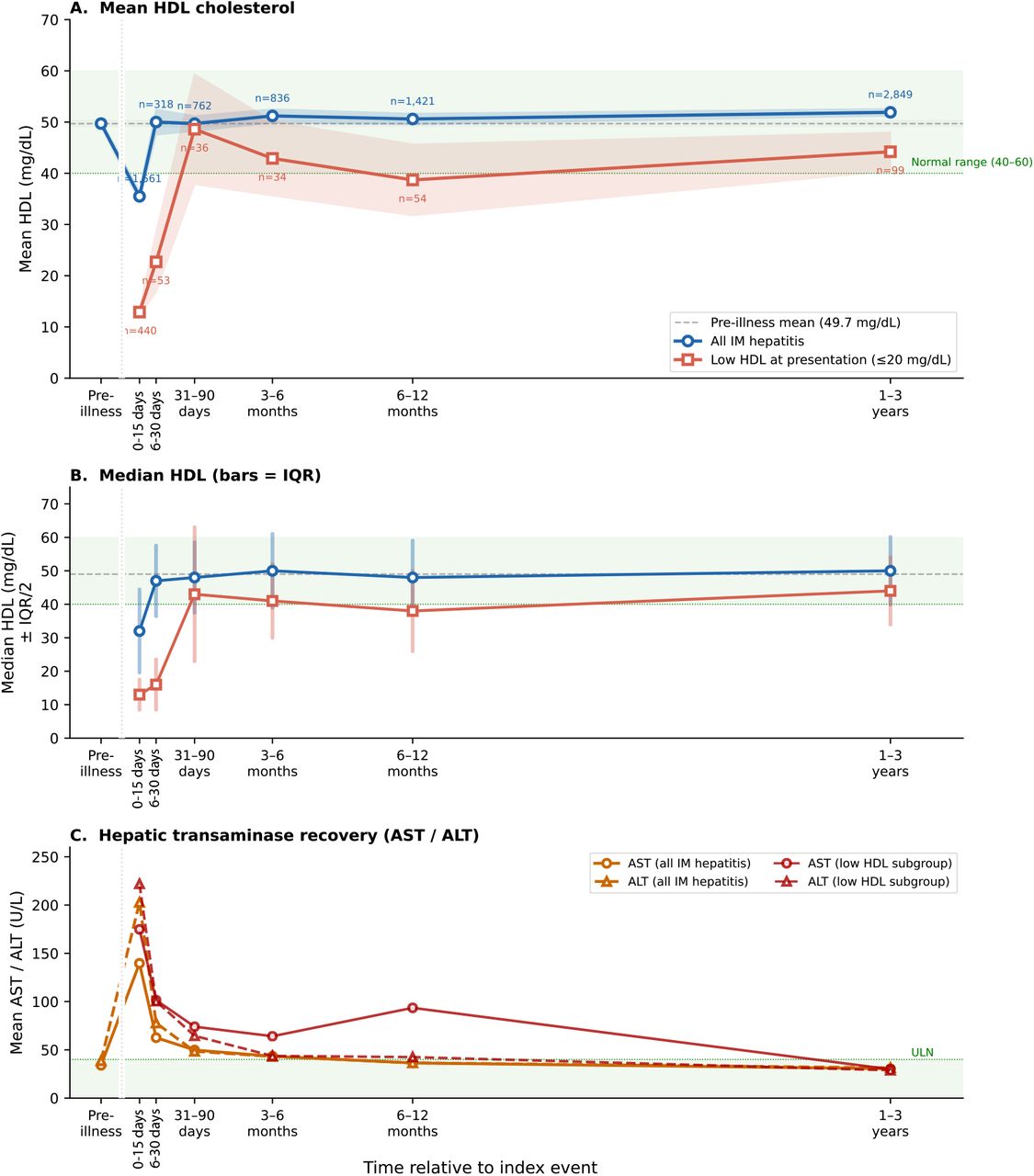 Longitudinal HDL trajectory following IM hepatitis.Serial HDL measurements in two subgroups of IM hepatitis patients, plotted across six post-index time windows with a pre-illnes anchor. Upper panel: mean HDL ± 95% CI for all patients with a measurement in that window (blue; n = 9,525 cohort) and for those with acute HDL ≤20 mg/dL at presentation (red; n = 585 cohort). Pre-illness anchor at −30 days (mean 49.7 mg/dL; n = 3,440 patients with a historical HDL). Middle panel: median HDL with interquartile range. Lower panel: mean AST and ALT at the same time points. Time-window midpoints: 0-15, 16-30, 31-90 days, 3-6 months, 6-12 months, 1-3 years.