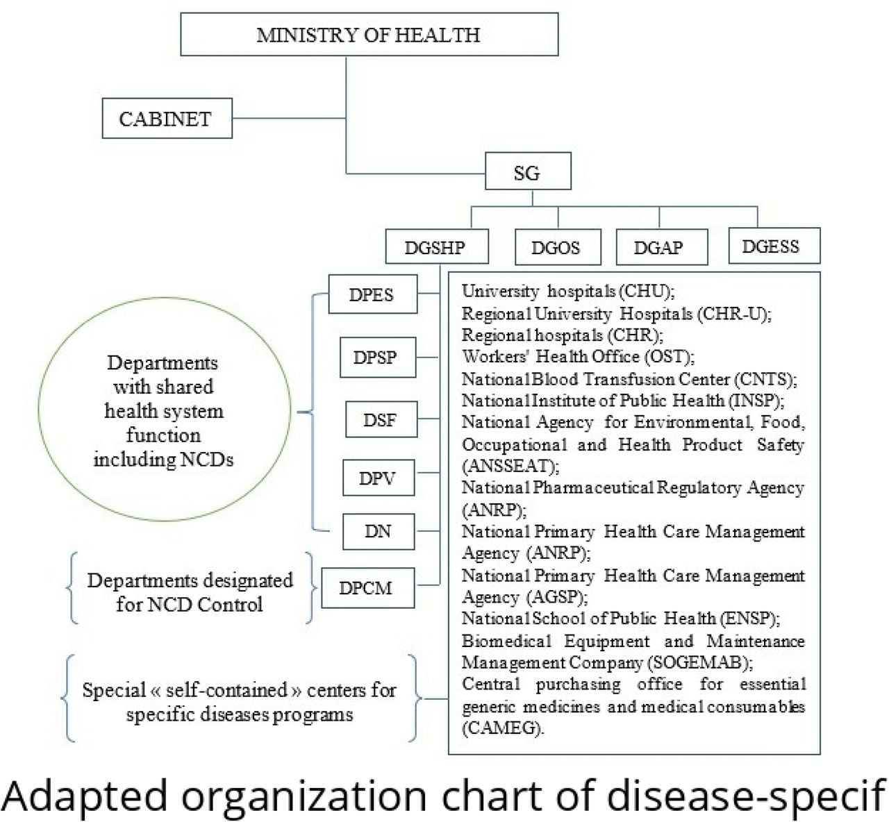 Adapted organization chart of disease-specific structures and overall health function structures within Burkina Faso’s Ministry of Health.