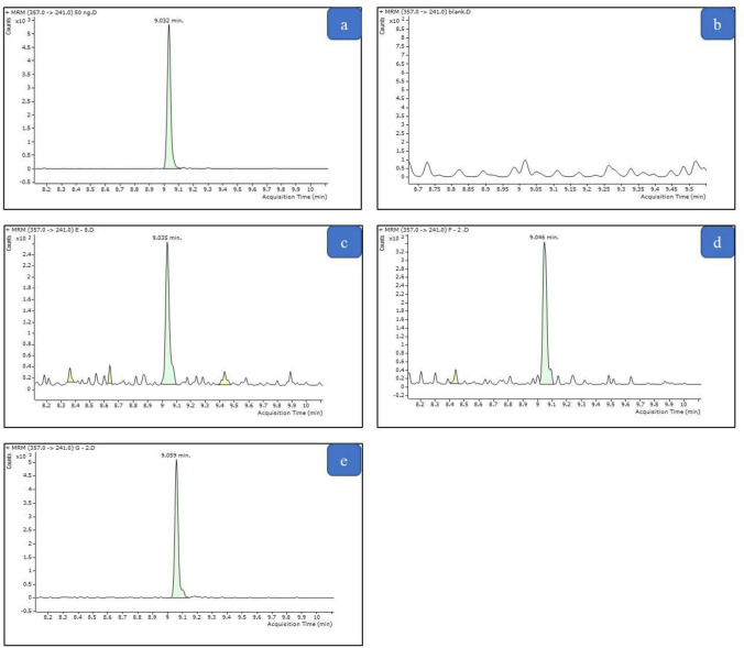 MRM chromatogram for the analysis of AB-CHMINACA in blood samples of the studied groups. a Spiked blood sample at 50 ng/mL of AB-CHMINACA. b Blank blood sample. c Blood sample from group C. d Blood sample from group D. e Blood sample from group E. The mean values of AB-CHMINACA levels in groups C, D, and E were 3.05 ± 1.16, 15.08 ± 4.30, and 54.43 ± 8.70 ng/mL, respectively